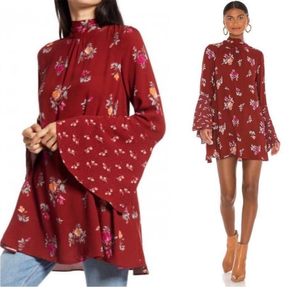 NWT Free People Women's Maroon Red Floral Vintage Combo Long Sleeve Dress Medium